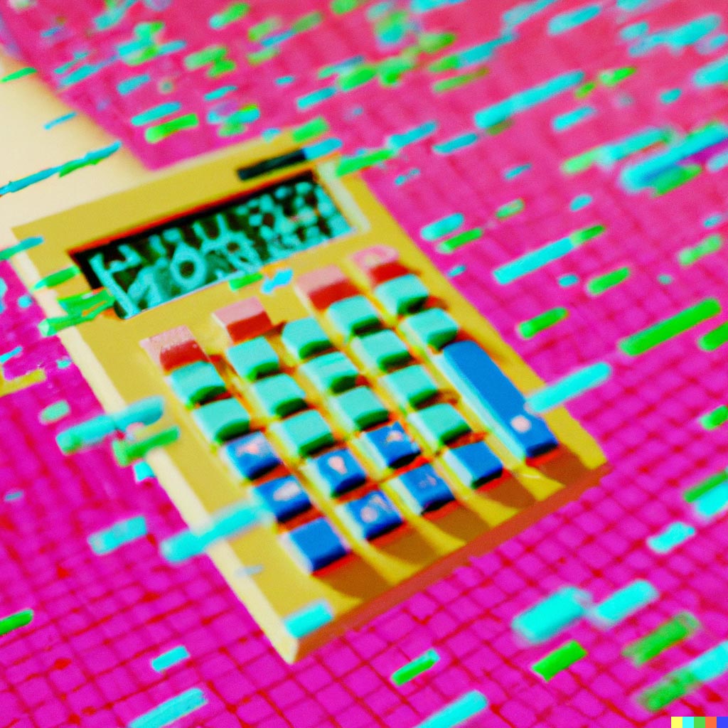 DALL·E prompt: Bright colorful data pixel flowing into a calculator on a desk, artstation 4k octane 3d